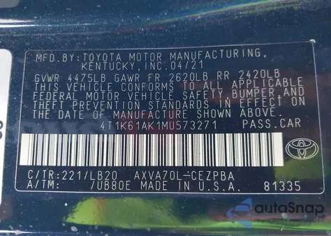 2021 Toyota Camry Xse z USA, uszkodzony, nr VIN 4T1K61AK1MU573271